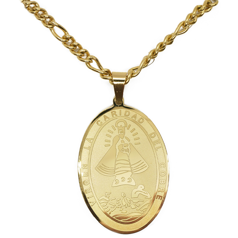 Stainless Steel Oval Medal with Chain - Virgen La Caridad Del Cobre